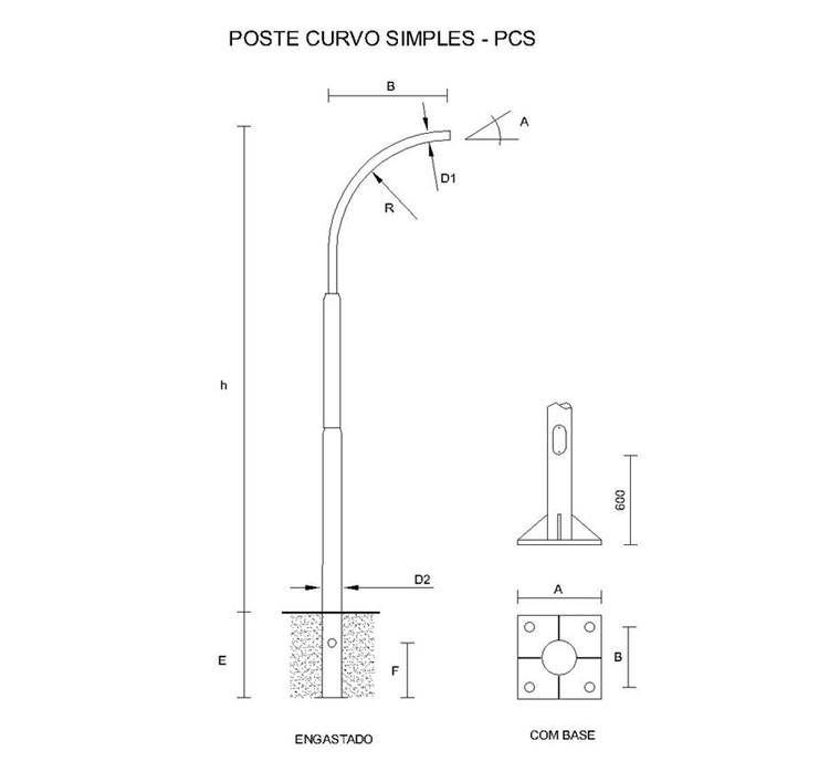 Poste de amarraçao de aço pregado com base enterrada 110x1000mm